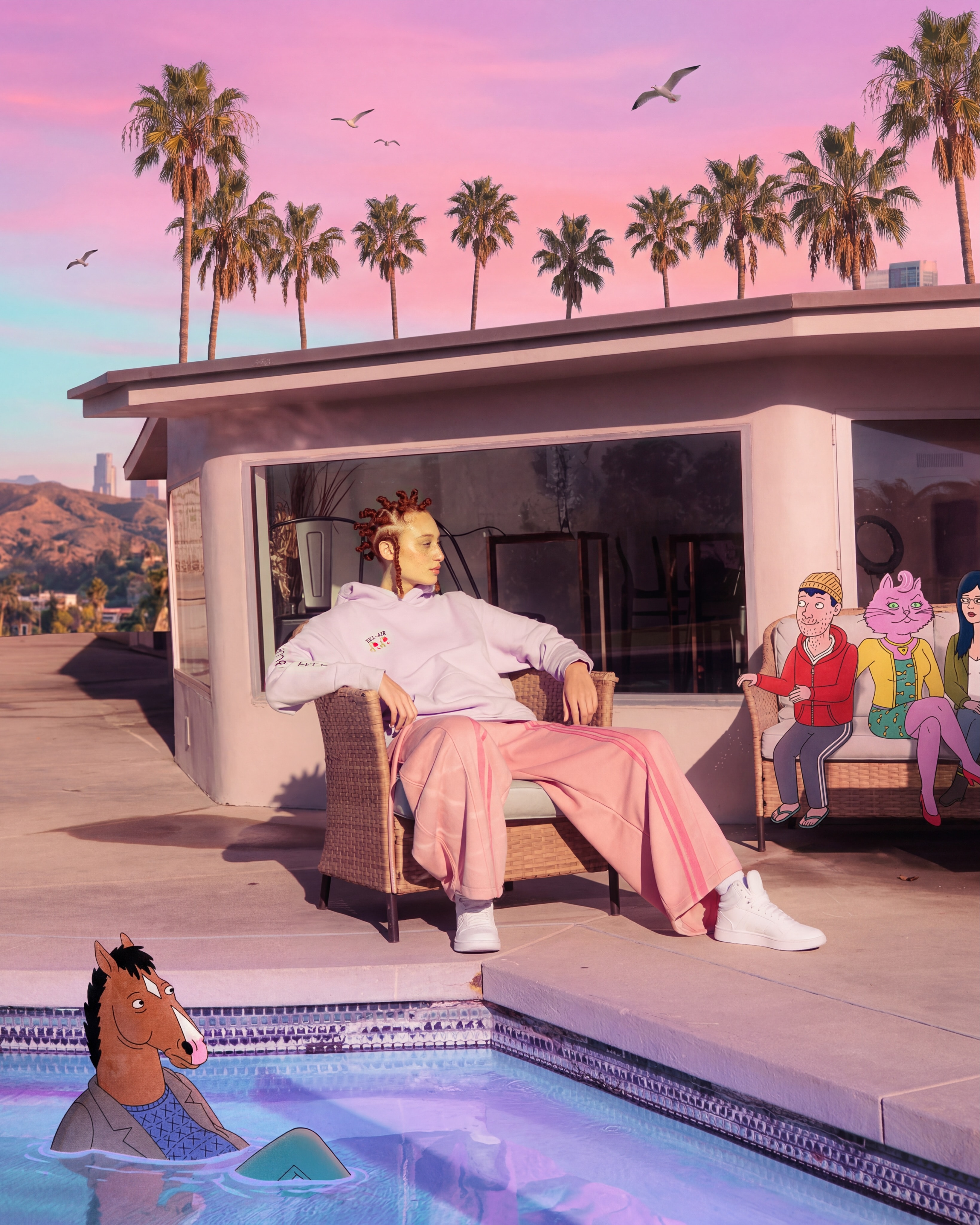 DCR Brand Nightfall Hoodie, poolside at sunset